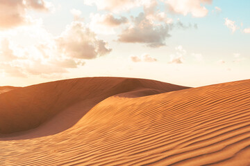Desert landscape with warm orange sand dunes and sunset