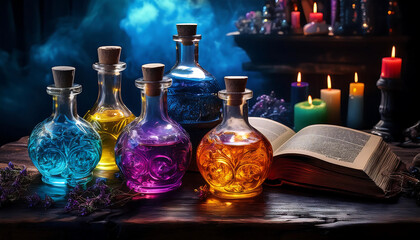  Mystical Halloween scene with colorful potions and a spell book. _1(709)