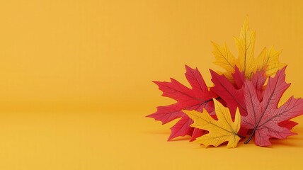 Fallen maple leaves, vibrant reds and yellows, 3D illustration, copy space for text,