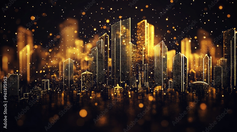 Wall mural low poly illustration of the metropolis with a golden dust effect. sparkle stardust. glittering vect