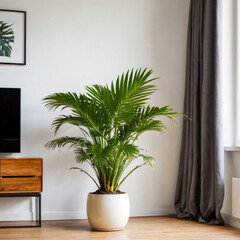large majesty palm plant minimal modern pot living room with floral design indoor Ravenea rivularis in a stylish home interior