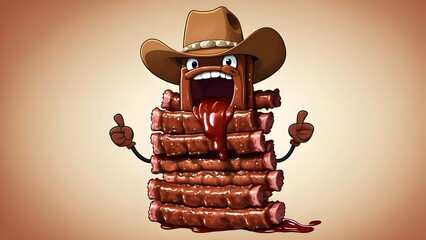 ribs a stack of ribs wearing a cowboy hat riding a bottle of barbecue sauce like a rodeo bull show.