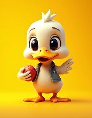 Fototapeta premium A cartoon duck with large eyes and a big smile, wearing a shirt and holding a ball
