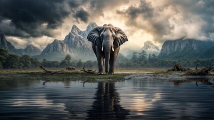 Fototapeta premium Majestic Elephant Standing in Front of Stunning Mountain Landscape with Dramatic Sky Reflection on Water 