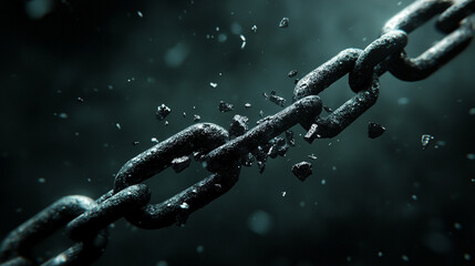 breaking a metal chain, symbolizing liberation and overcoming obstacles. The blurred background emphasizes the focus on personal strength and breaking free from constraints