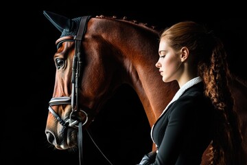 Young woman and red dressage horse in equestrian sport