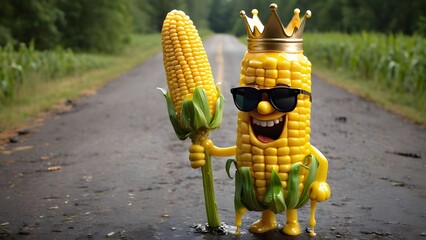 a corn on the cob character wearing a crown made of melted butter with sunglasses.