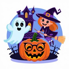 Halloween Cute Element Sticker Collection, A collection of halloween pumpkins including a witch, Flat design halloween element collection, Helloween PNG Pack,Aesthetic Halloween Doodles Cute 