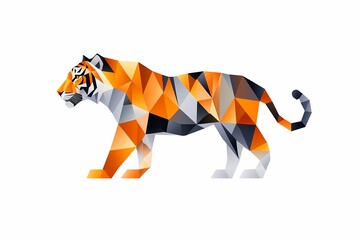 Vibrant low-poly geometric tiger illustration on white background. Perfect for modern design, art projects, and digital graphics.