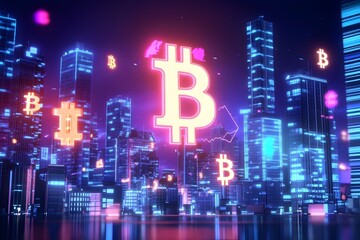 Naklejka premium Neon Crypto Cityscape:Vibrant 8-Bit Pixel Art Showcasing Cryptocurrency Trading,Digital Assets,and Futuristic Financial Innovation. Nostalgic and High-Tech Mood.