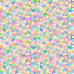 A seamless geometric pattern featuring multicolored pastel triangles arranged in a tessellated layout. The design creates an optical illusion of depth and motion through subtle color variations.