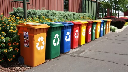Colorful Recycling Bins Lined Up in a Row