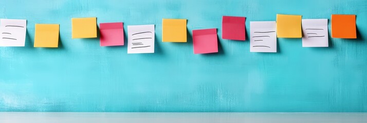 Colorful Sticky Notes on Blue Wall.
