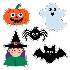 Halloween Cute Element Sticker Collection, A collection of halloween pumpkins including a witch, Flat design halloween element collection, Helloween PNG Pack,Aesthetic Halloween Doodles Cute 