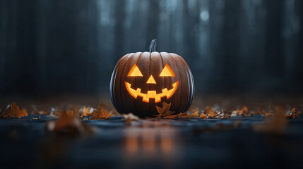 Naklejka premium A glowing jack-o'-lantern amidst fallen leaves in a dark, misty forest, perfect for capturing the essence of Halloween.