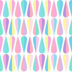 retro-inspired, seamless geometric pattern featuring elongated teardrop shapes in pastel hues of pink, blue, yellow, green, and purple. The arrangement is repetitive, and modern.
