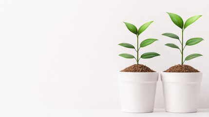Two Green Plants In White Pots Against White Background.