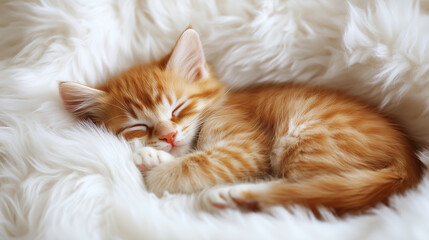 Cute little red kitten sleeping on the blanket