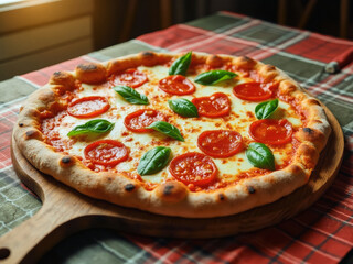 A food photography of delicious pepperoni pizza,  photo in a cosy home kitchen