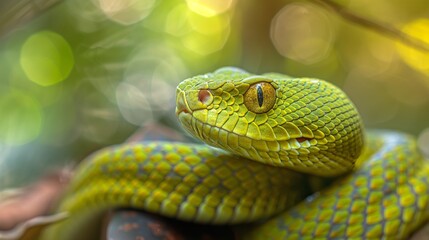 Obraz premium Close-up of a venomous snake in its habitat, the Sri Lankan green pit viper