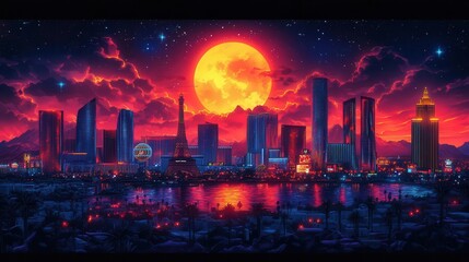 Fototapeta premium las vegas skyline in flat graphic style neon colors iconic landmarks vibrant nightlife scene