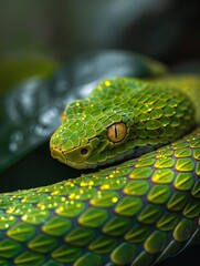 Fototapeta premium Close-up of a venomous snake in its habitat, the Sri Lankan green pit viper