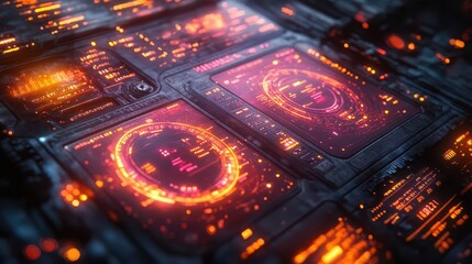 Obraz premium layered holographic data visualization translucent charts and graphs floating in 3d space futuristic color scheme with neon accents