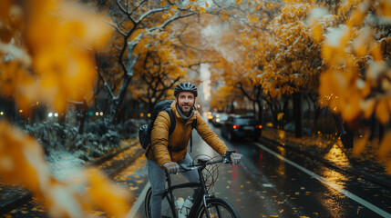 Man cycling to work in autumn rainy day in the city