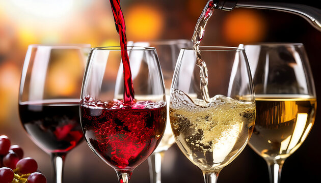  Red and white wine being poured into glasses, symbolizing celebration. _1(784)