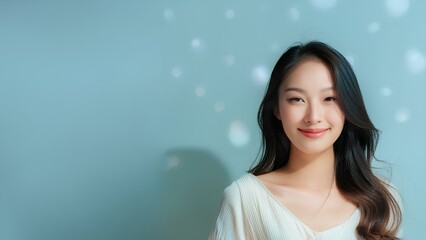 Portrait of beautiful oriental woman on light background. Korean girl, looking at camera, close-up. Model girl posing in front of camera.