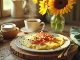 A food photography of a delicious omelette with bacon and a cup of coffee, breakfast photo on a sunny day