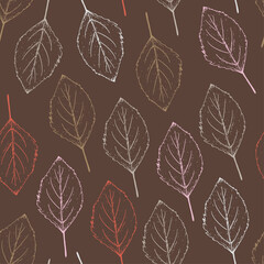Hand-drawn autumn pattern with birch leaves on a brown background in sketch style. Fall seamless background with subtle hand-drawn botanical elements