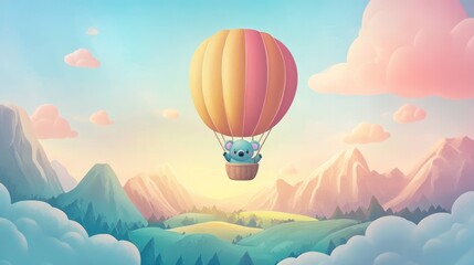 Obraz premium A cartoon koala riding in a hot air balloon, floating above a colorful landscape with mountains and fields below.