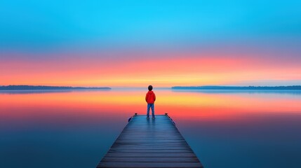 Fototapeta premium Young Boy Standing on a Wooden Dock at Sunset.