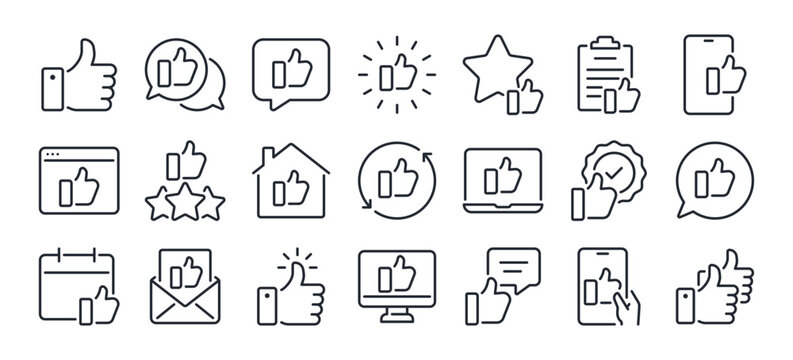 Thumb up and like gesture editable stroke outline icons set isolated on white background flat vector illustration. Pixel perfect. 64 x 64