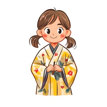 recommend clip art: A beautiful cartoon full body child wearing Yukata is a summer kimono made of cotton, worn during warm seasons or festivals, consisting of a long robe and an obi belt clipart, full body, watercolor.
