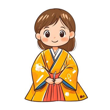 A beautiful cartoon full body child wearing Shito is an official outfit worn for government ceremonies, characterized by detailed and formal kimono clipart, full body, watercolor clipart