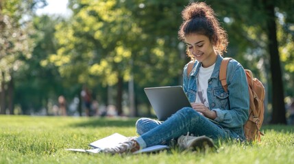 A college student studying outside in a park, with a laptop and notebook on their lap, enjoying fresh air while learning
