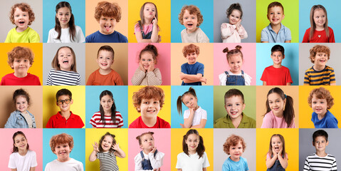 Many cute children on different colors backgrounds, collage of photos