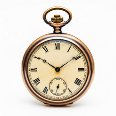 Antique pocket watch isolated on white background with intricate vintage detailing