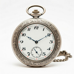 Antique pocket watch isolated on white background with intricate vintage detailing