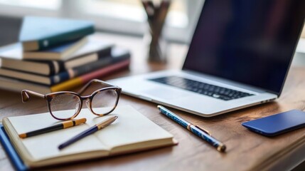 Fototapeta premium A flat lay of educational tools including notebooks, pens, glasses, and a laptop on a wooden desk, symbolizing organized study