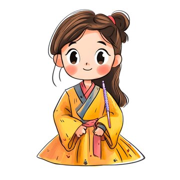 A beautiful cartoon full body child wearing Bango is an outfit featuring a long robe and a long skirt with detailed decorations clipart, full body, watercolor clipart