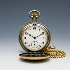 Antique pocket watch isolated on dark background with intricate vintage detailing