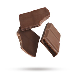 Pieces of sweet chocolate falling on white background