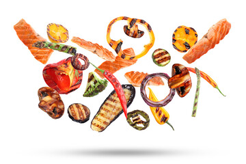 Delicious grilled salmon and vegetables falling on white background