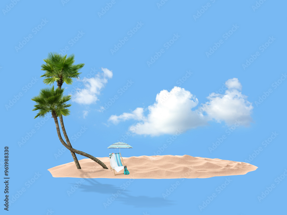 Canvas Prints Summer travel to tropical island. Sand with palm trees, beach umbrella and deckchair. Light blue background as sky and sea