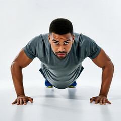 Fototapeta premium A person doing push up while looking at the camera workout home fitness