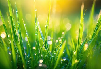 Fototapeta premium macro lush green grass glistening dew drops capturing morning light, nature, texture, vibrant, botanical, detail, freshness, outdoor, growth, flora, ecosystem