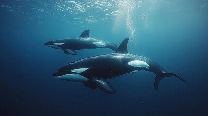 Fototapeta premium majestic pod of orcas gliding through crystalclear ocean waters sleek black and white bodies contrast with the deep blue sea underwater perspective captures their grace and power
